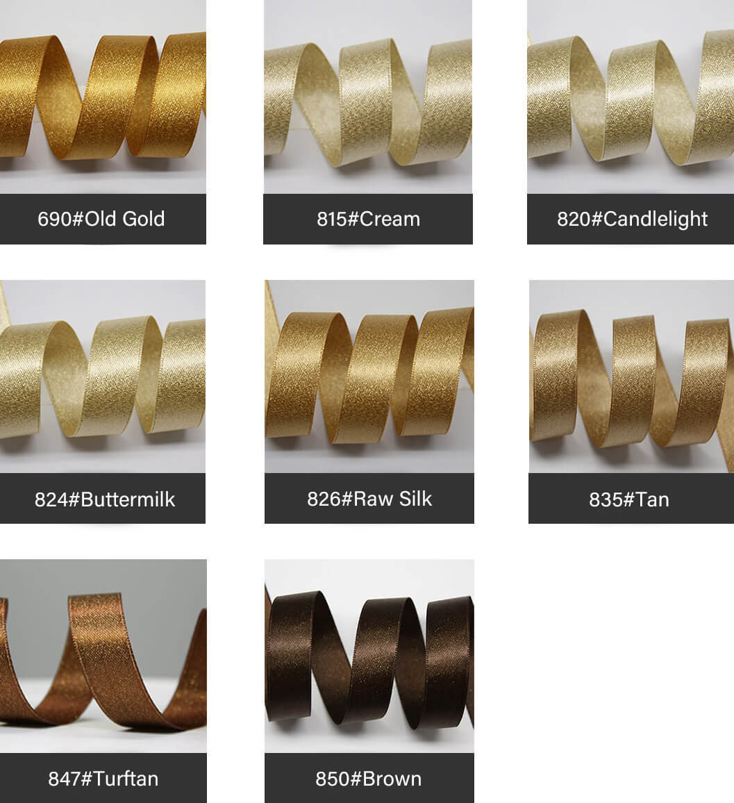 In Stock 35 colors available 6 to 38 mm double faced gold purl satin ribbon